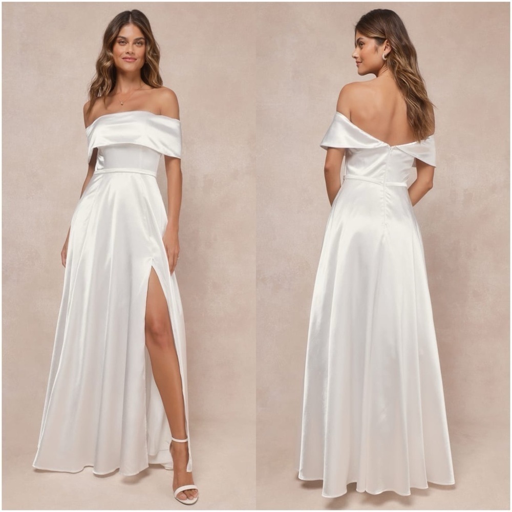 LULU’S Greatest Hits White Satin Off The Shoulder Maxi Dress